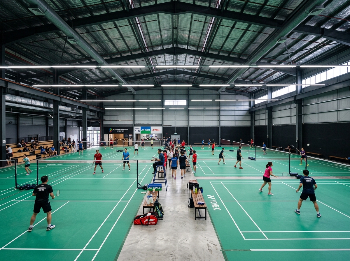 Architectural rendering of an 8-court indoor badminton hall inside a converted Singapore high-ceiling industrial warehouse
