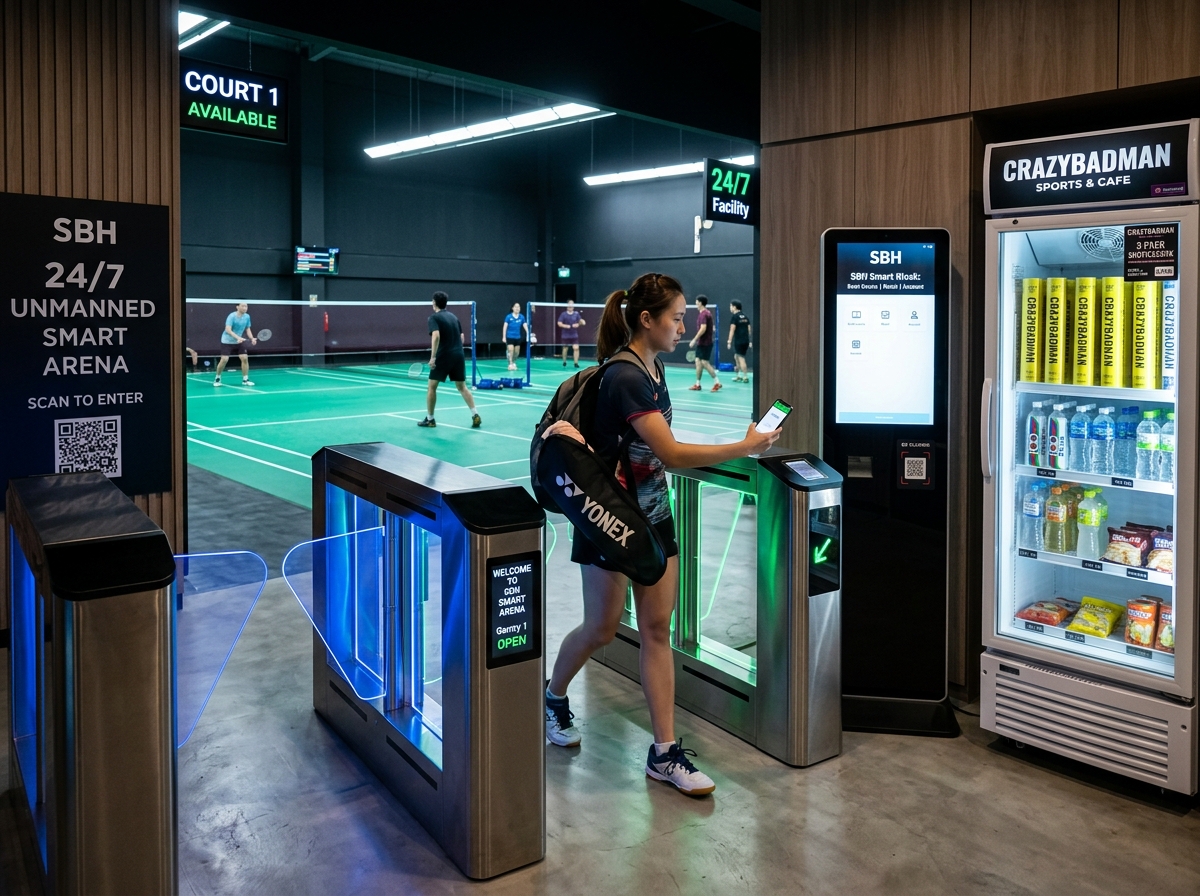 24/7 Unmanned Smart Arena entrance with SBH-standard optical flap turnstiles, Golden Village style scanner, and AI smart fridge