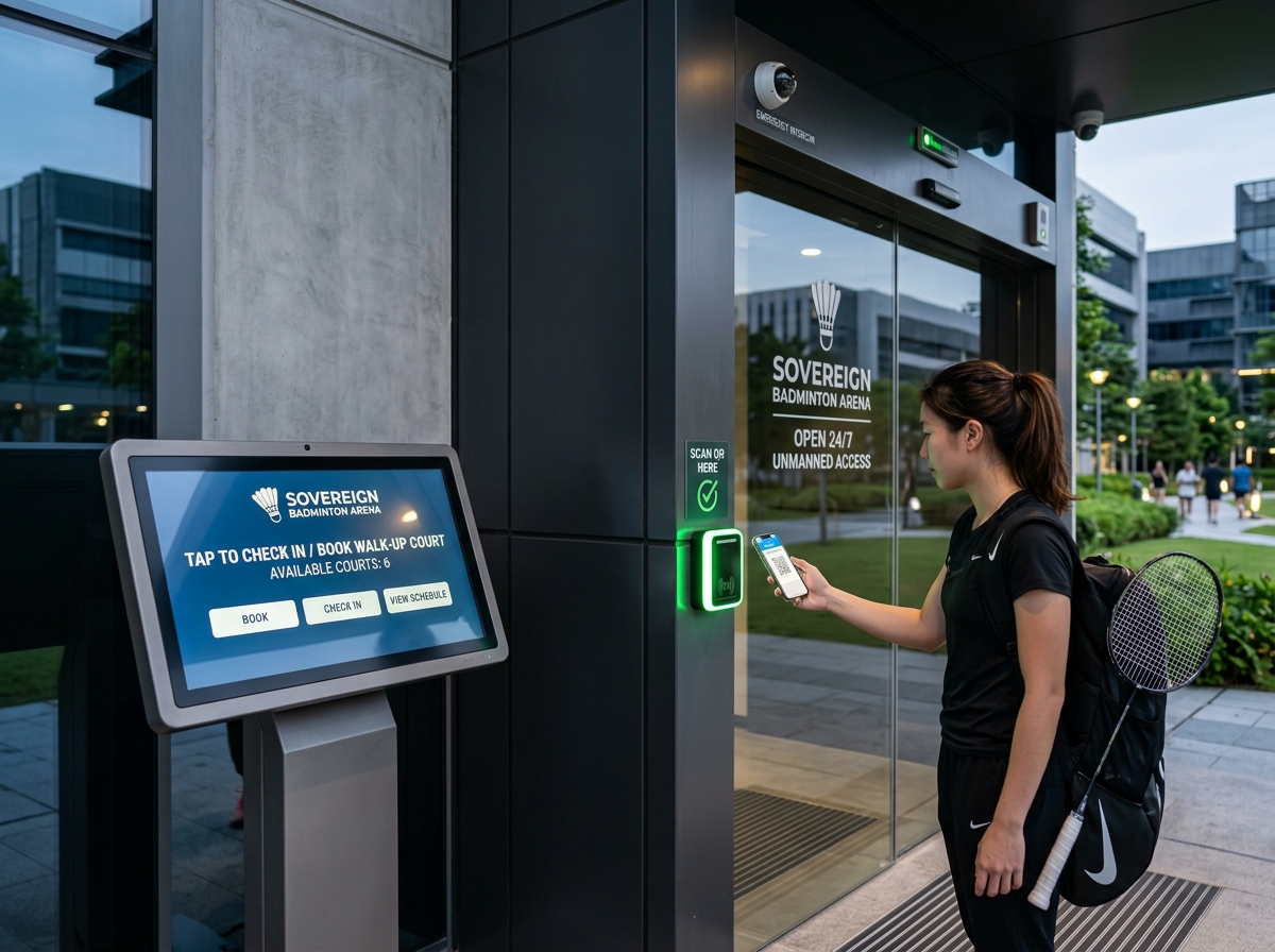 Badminton player scanning digital QR key on outdoor reader beside 32-inch interactive booking kiosk