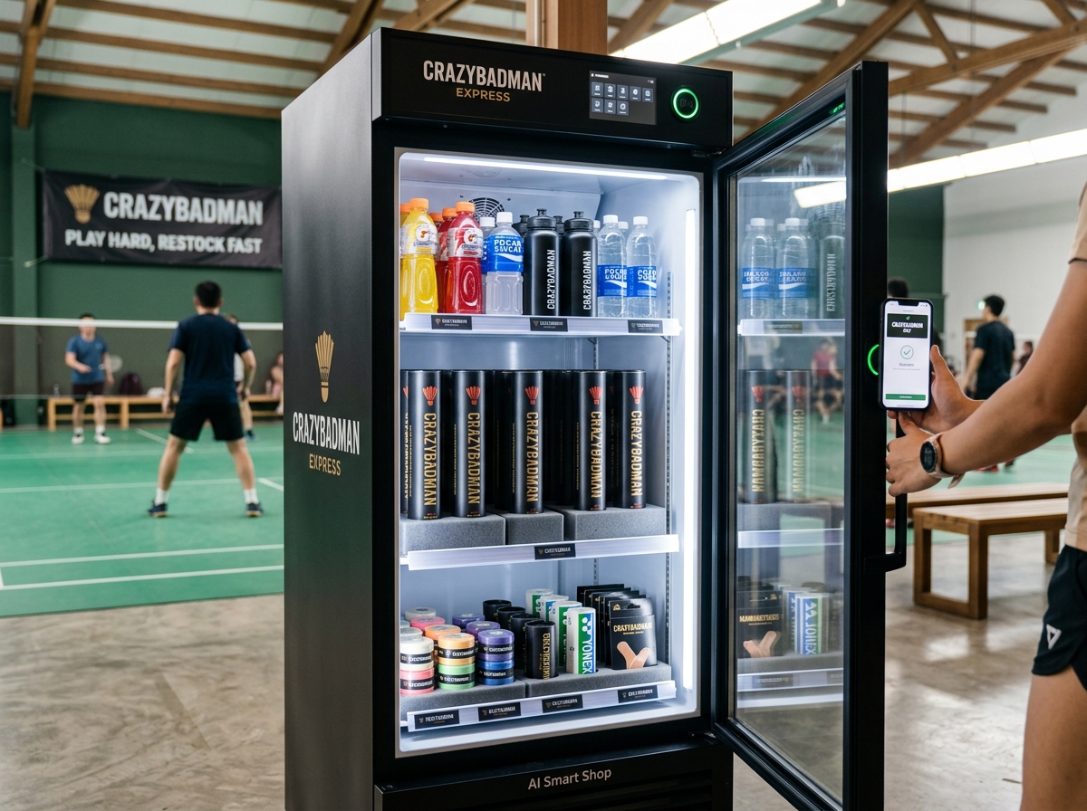 Grab-and-go AI smart fridge stocked with Crazybadman 3-piece goose feather shuttlecock tubes, chilled drinks, and grip accessories