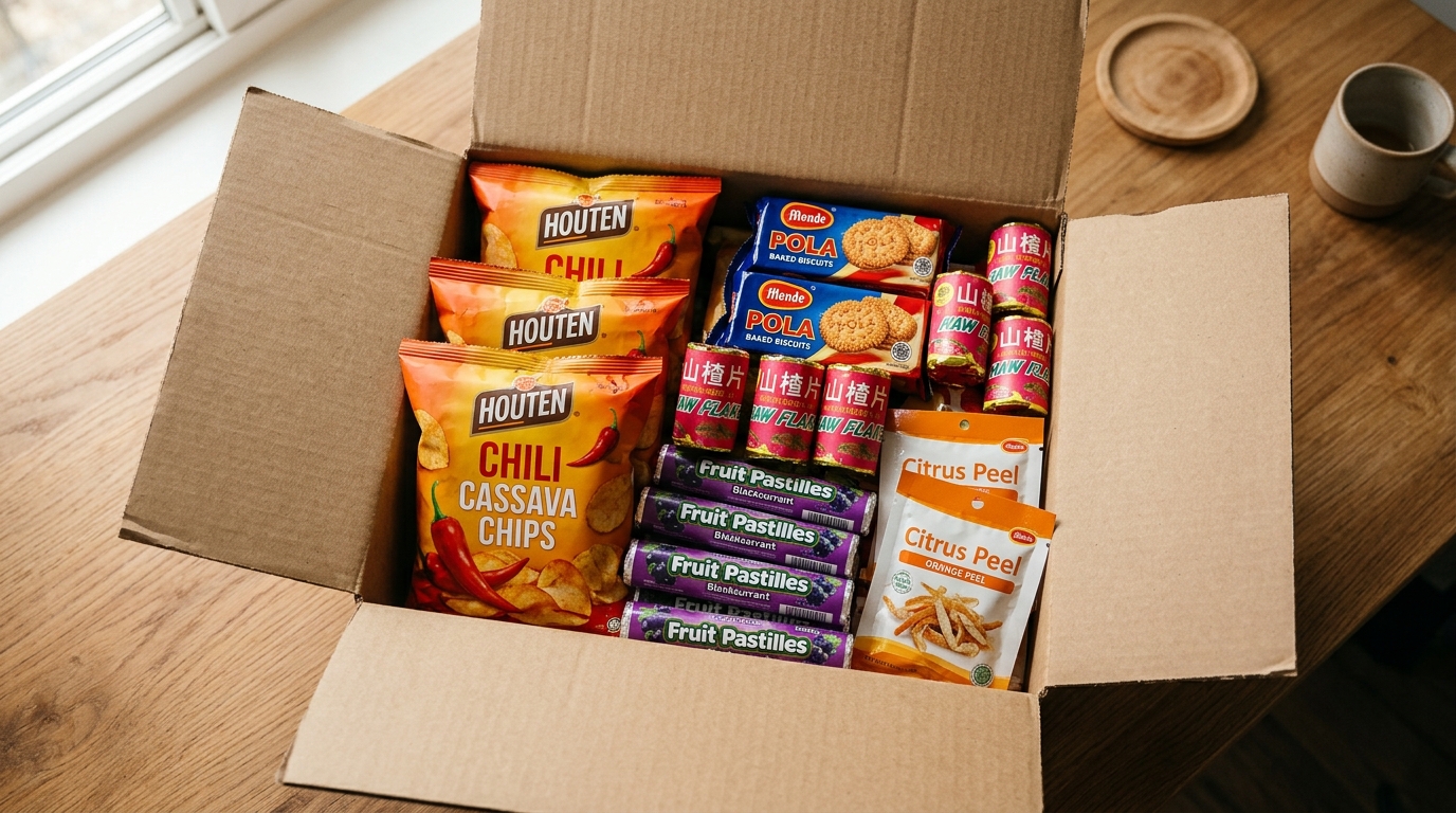 Authentic open Singapore Snack Box packed with Houten Chilli Tapioca, Monde Pola, Haw Flakes, and Citrus Peels