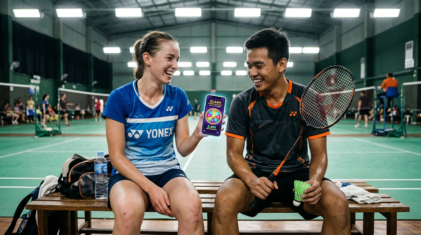 Badminton Doubles Partners Spinning the Clash Wheel on Court