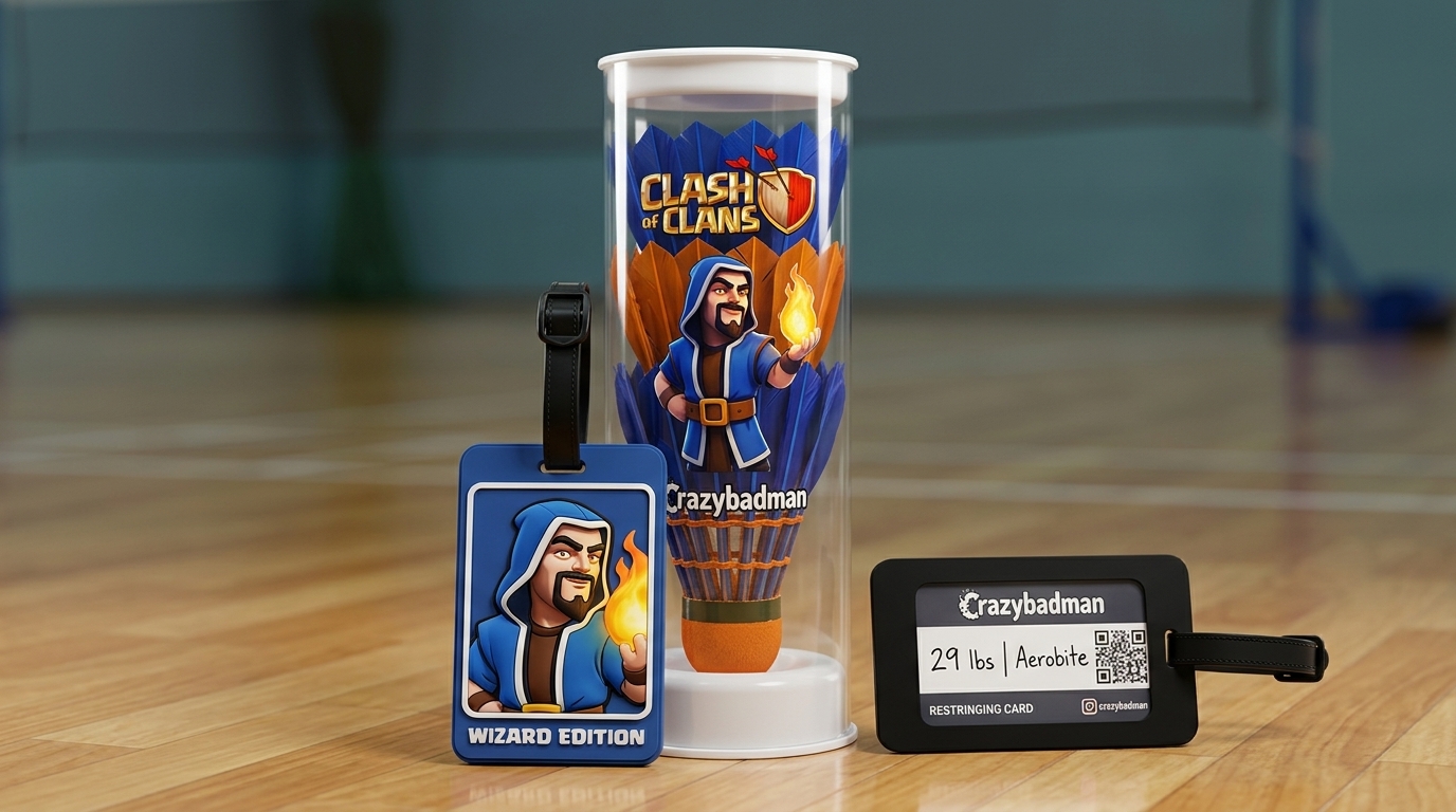 Clash of Clans Wizard Mage Edition Tube with Fireball Decals and Deep Blue Rectangular Travel Tag